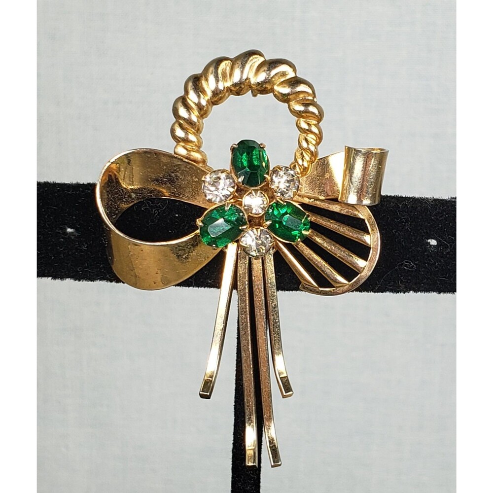 Vintage 1940s Scitarelli Green Clear Rhinestones Articulated Bow Pendant Brooch